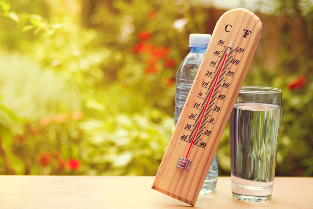 Holzthermometer an heißem Tag, das hohe Temperaturen anzeigt. Dahinter ein Glas und eine Flasche Wasser