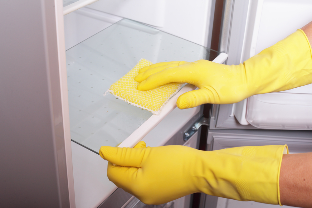 Zwei Hände in gelben Putzhandschuhen beim Reinigen eines Kühlschranks
