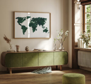 Grüne Weltkarte auf Poster im Wohnzimmer